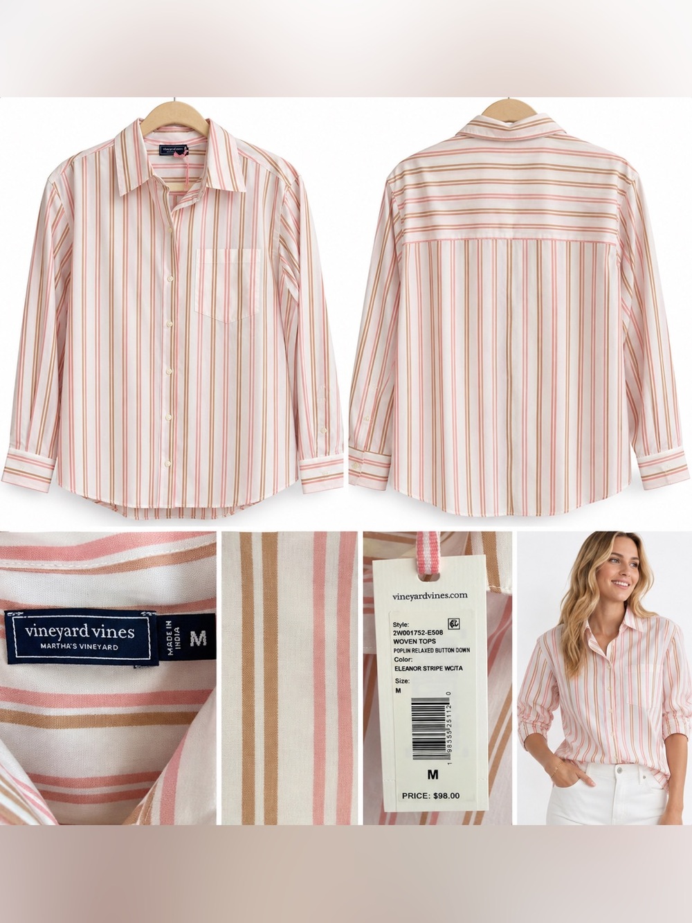 NWT Vineyard Vines Poplin Relaxed Button Down Eleanor Stripe Pink Tan M